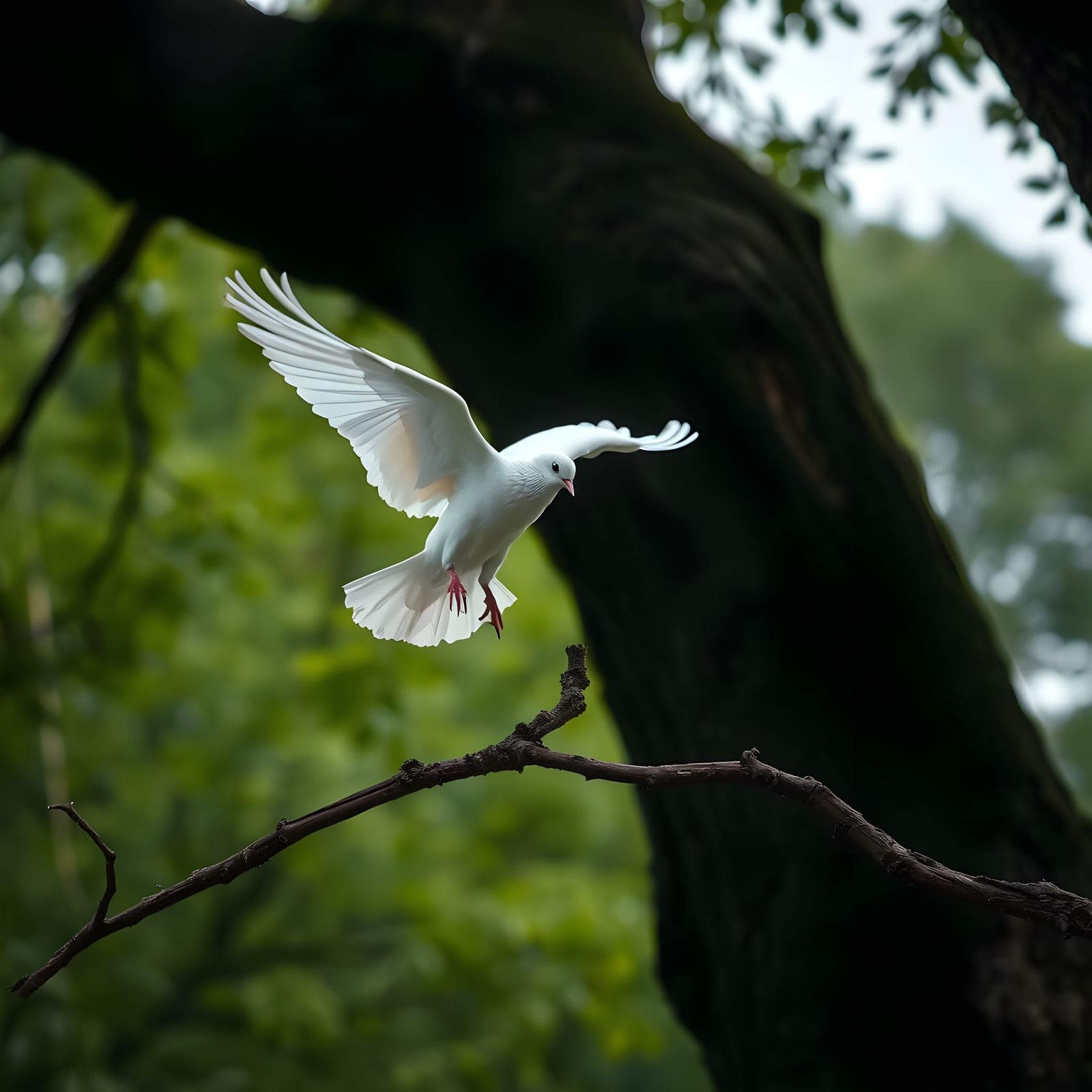 Ethereal Dove Descends on a Verdant Tree Branch