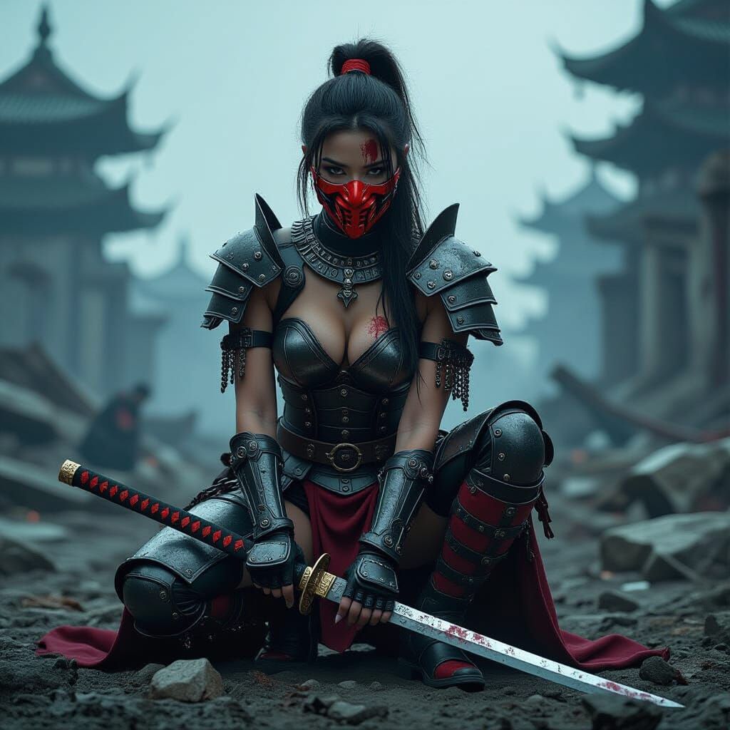 Female Warrior in Battlefield Ruins, Biomechanical Style