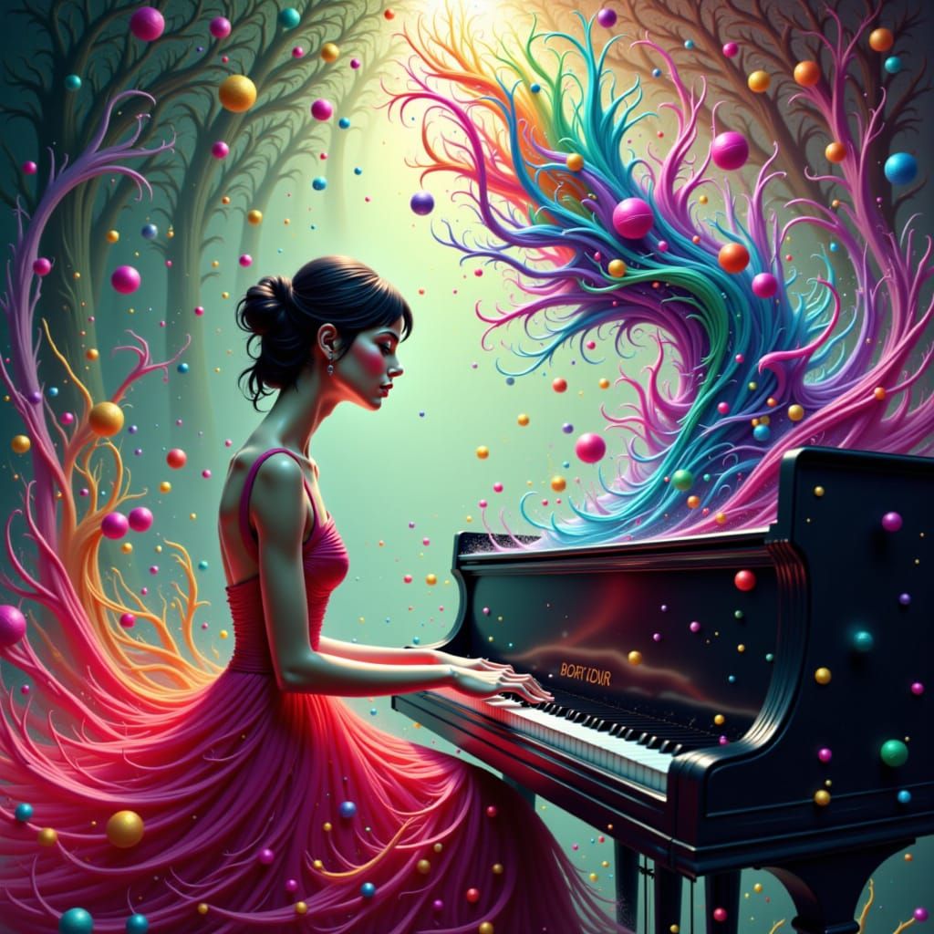 Musical Fountain Flowing from Piano Keys in Digital Art