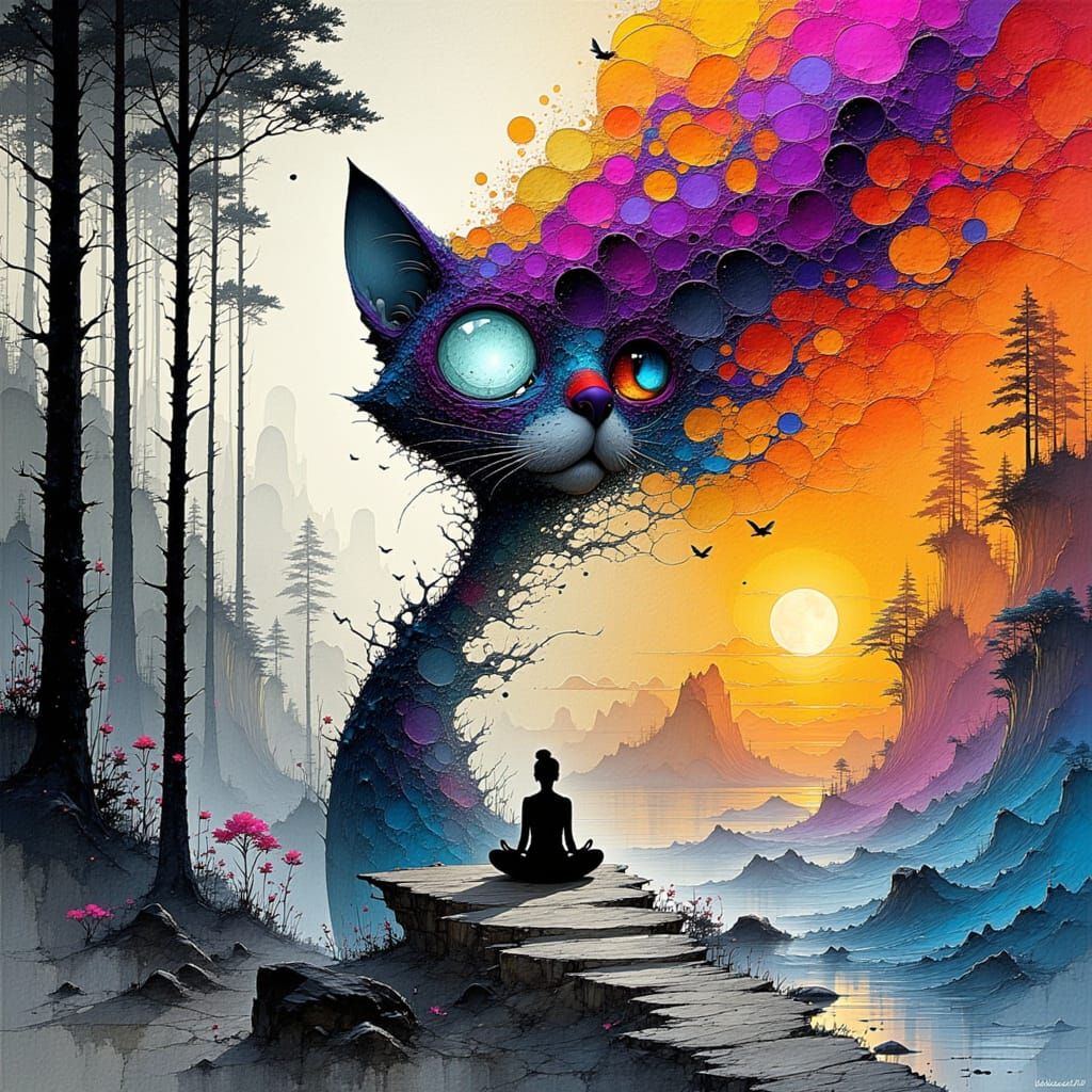 Meditating Girl & Abstract Cat in Forest Clearing