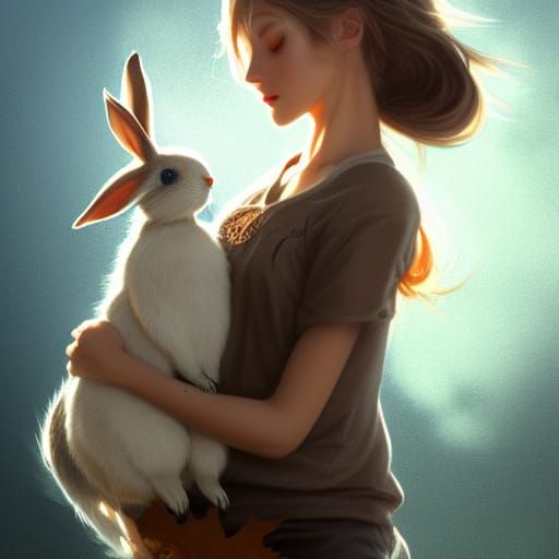 Elf Girl Hugging Rabbit, Detailed Fantasy Art