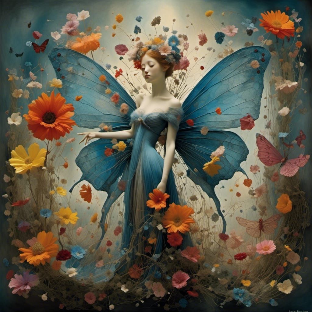 <lora:Cosmic Gothic:1.0>  Dewdropsies: Delicate, pixie-like creatures made entirely of dewdrops and petals, flitting aro...