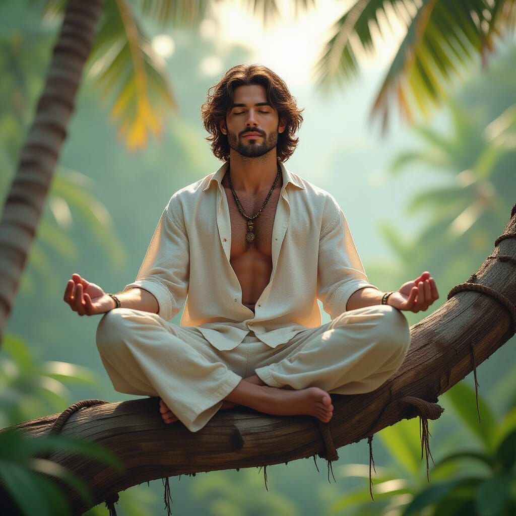 Boho Boy Yoga on Coconut Tree, Fantasy Realism
