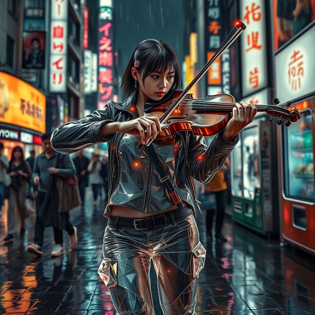 Cyberpunk Violinist Commands Tokyo's Neon Rainy Streets