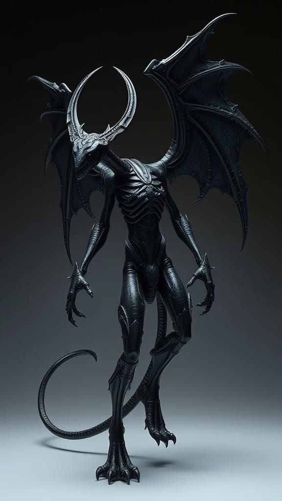 A gargoyle with black metal skin. An elongated body and whip...