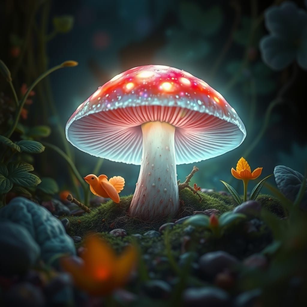 Whimsical Forest Scene with Bioluminescent Mushroom