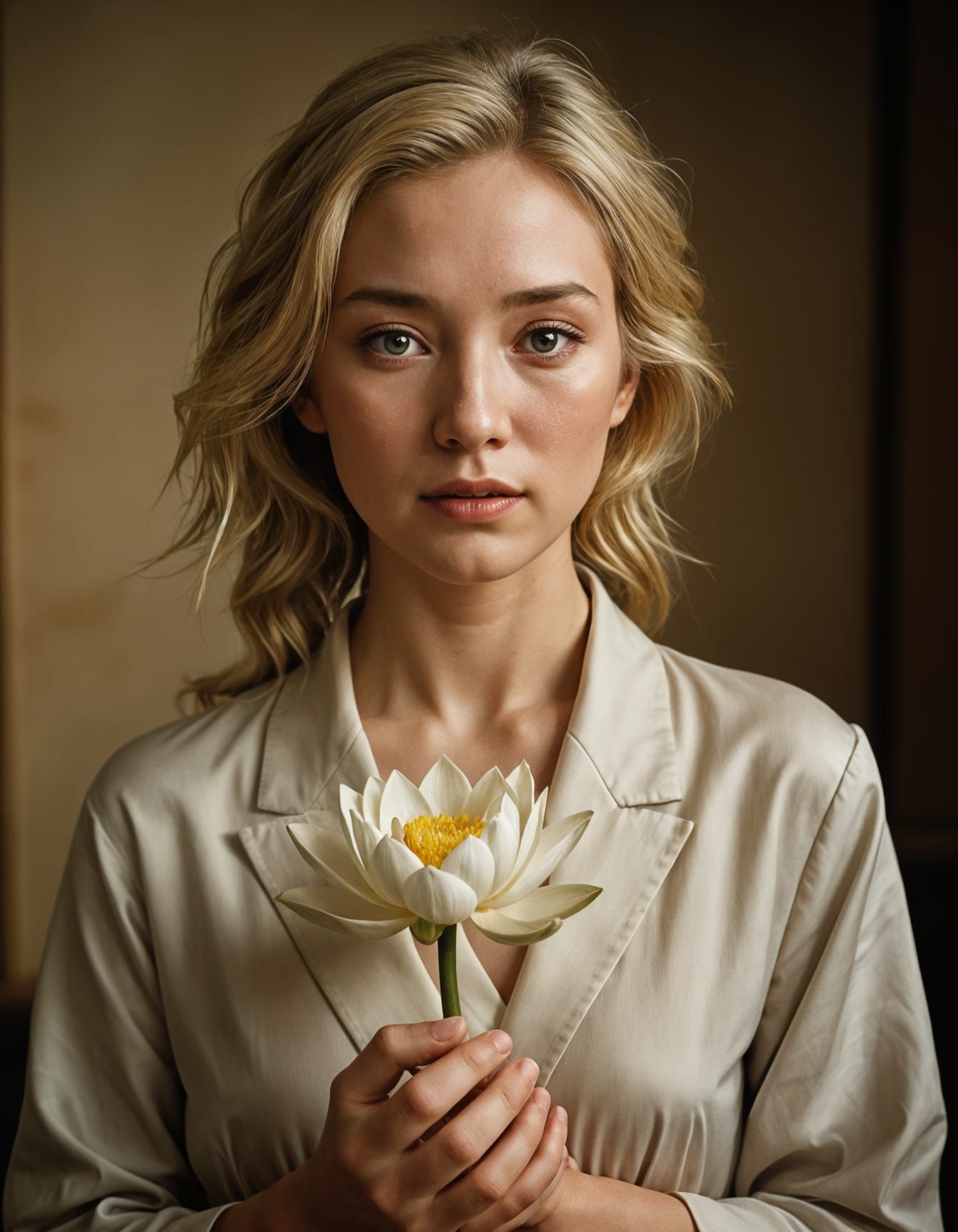 Charming Chinese Woman Holding a White Lotus in a Dark Aesth...