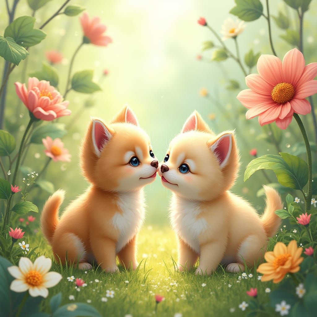 Kittens and Puppies Frolic in Whimsical Garden