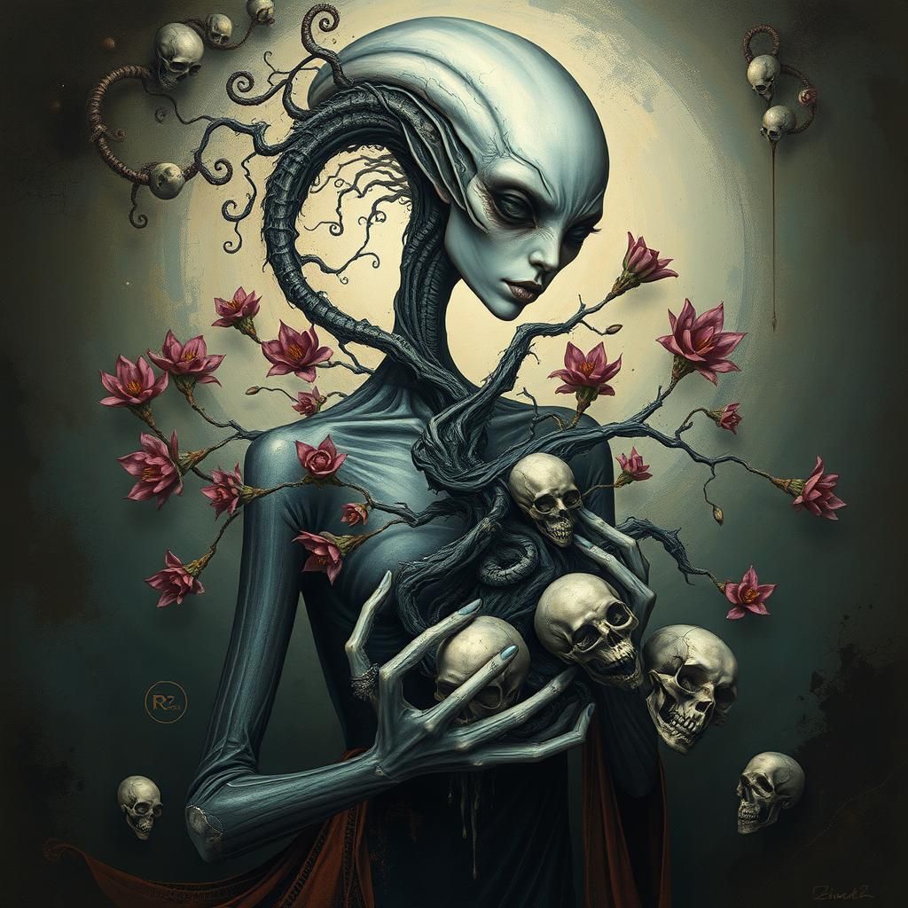 an abstract portrait of an alien female with a fractured elo...