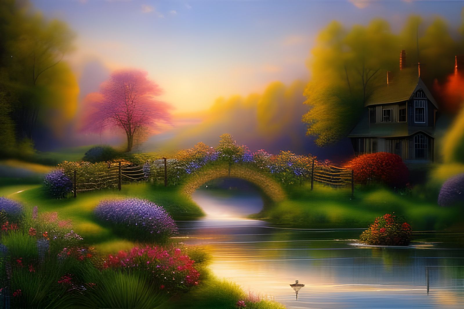 052 LE -A beautiful detailed intricate Stone Cottage a canal with a bridge, flowers and swans surrounded by gorgeous lan...