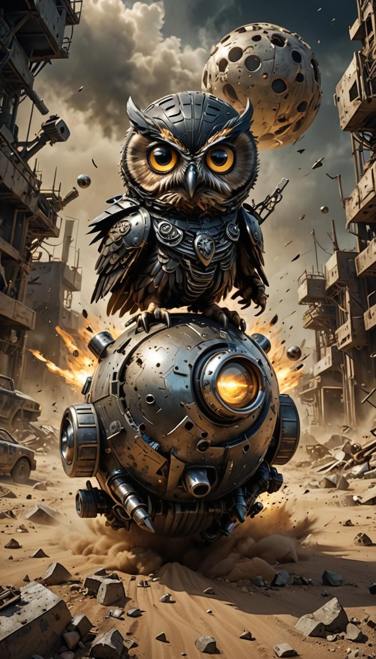 Chibi Owl Races Tank in Apocalyptic Wasteland