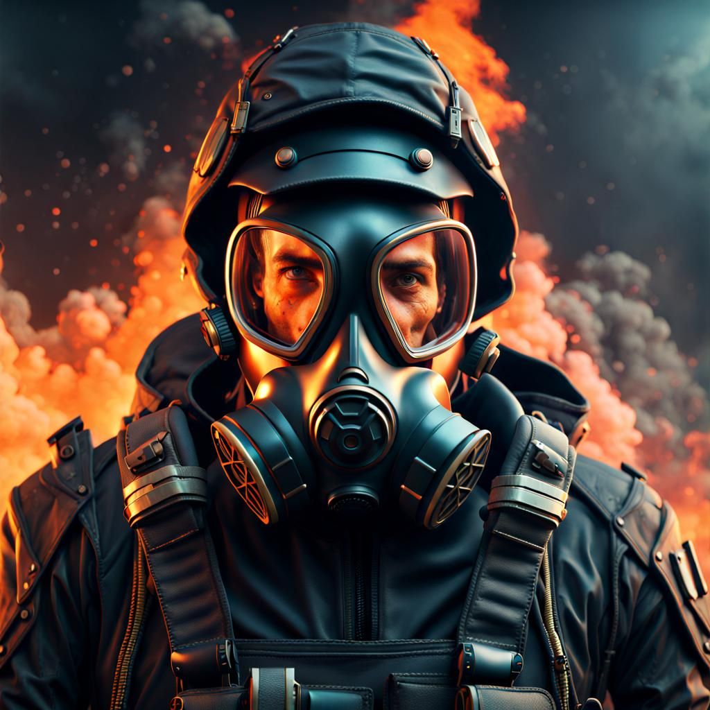 Futuristic Soldier Portrait with Burning Background