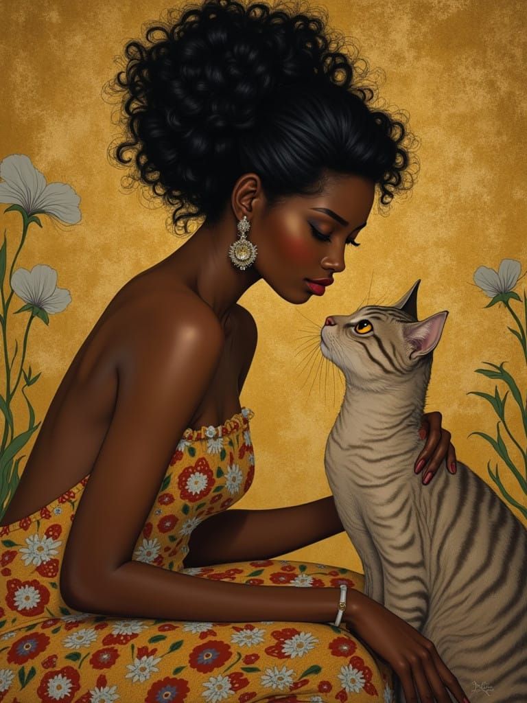 Lady in Art Deco Elegance, Admiring Her Feline Companion