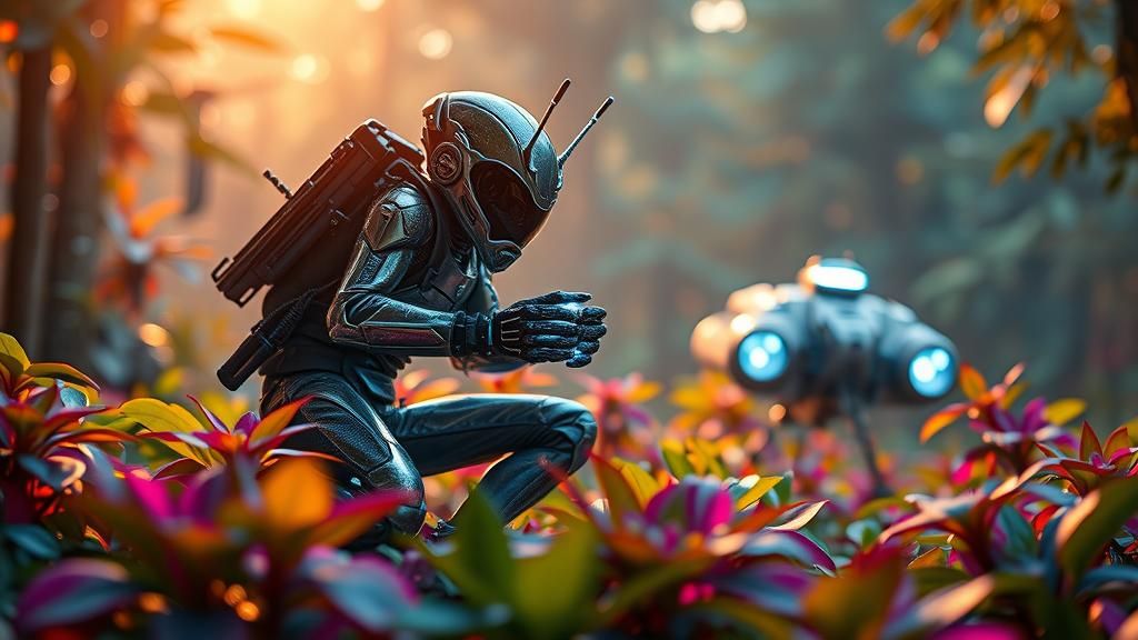 Alien Explorer in Colorful Forest, Hyperrealistic Photograph...