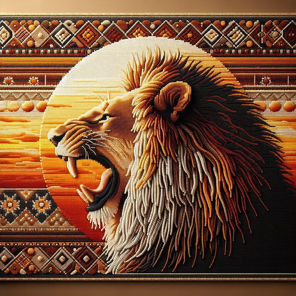 Hyperdetailed African Beaded Lion Tapestry