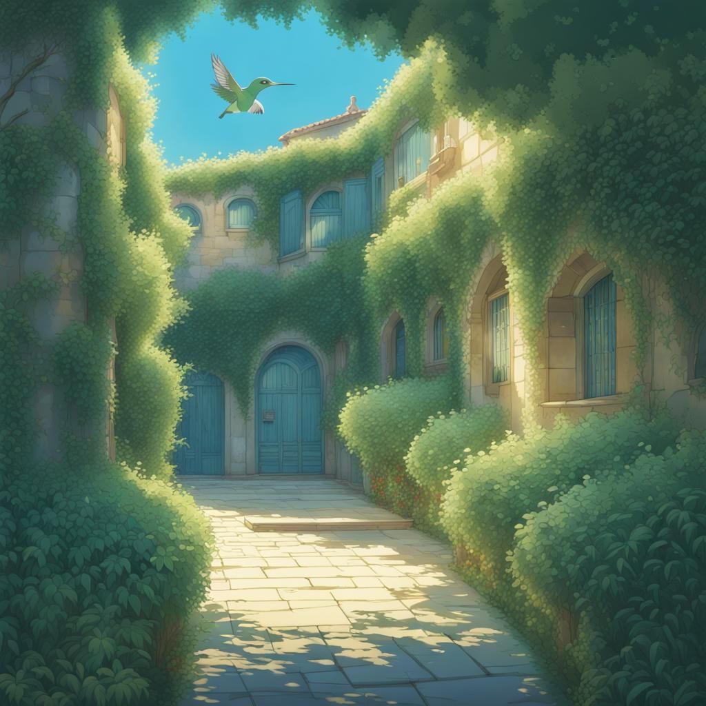 Hummingbird in Azure Campus: Studio Ghibli Anime