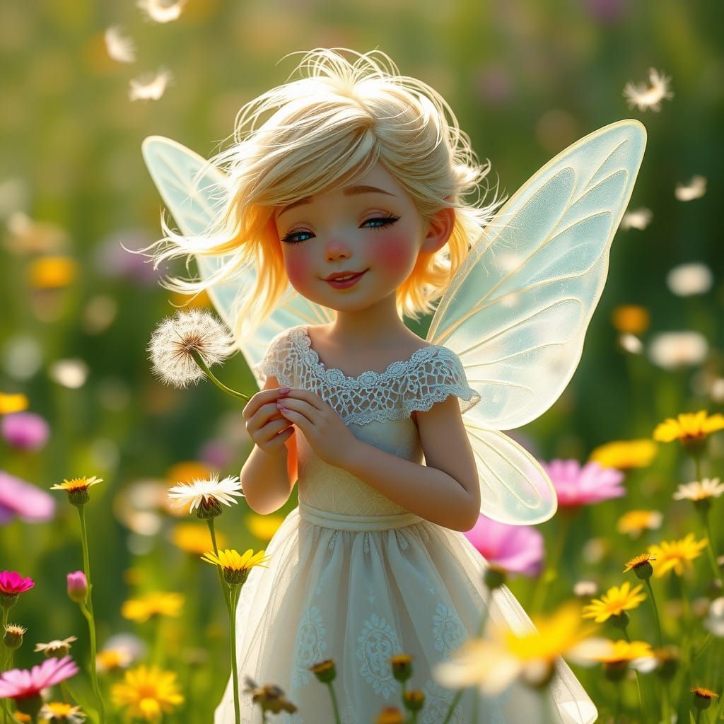 Blonde Fairy in Pearly White Dress Blows Dandelions in Whims...