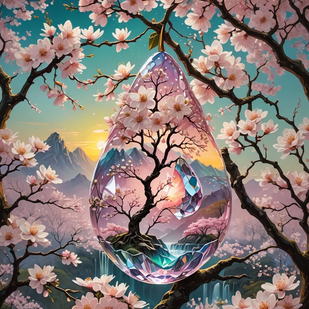 Crystal Pear with Cherry Blossom Tree: Surreal Art