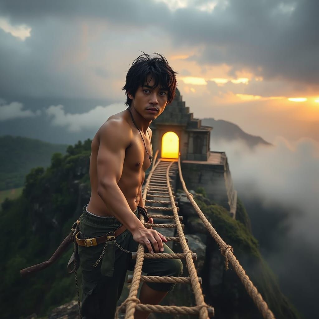 Black-haired green-eyed male shirtless beefcake treasure hun...