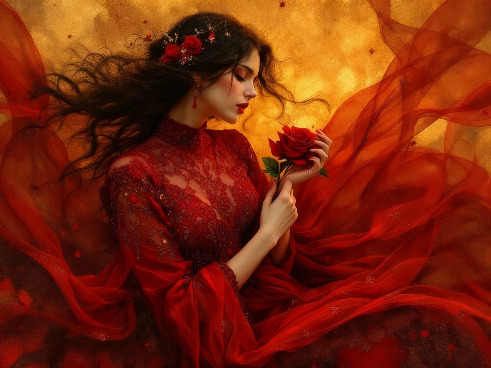 Woman in Red Robe Holding a Rose in Soft Golden Light