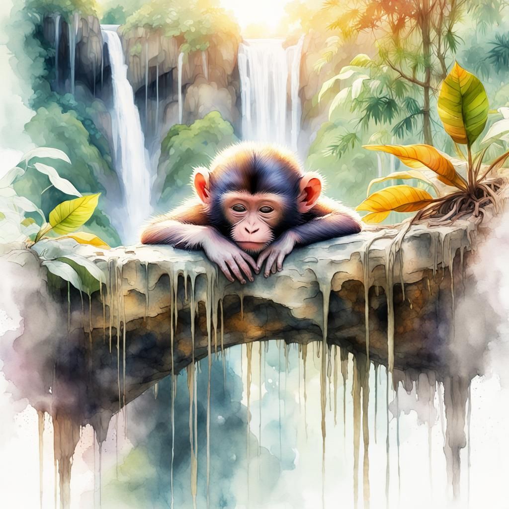Cute Baby Monkey Sleeping: Watercolor Jungle Illustration