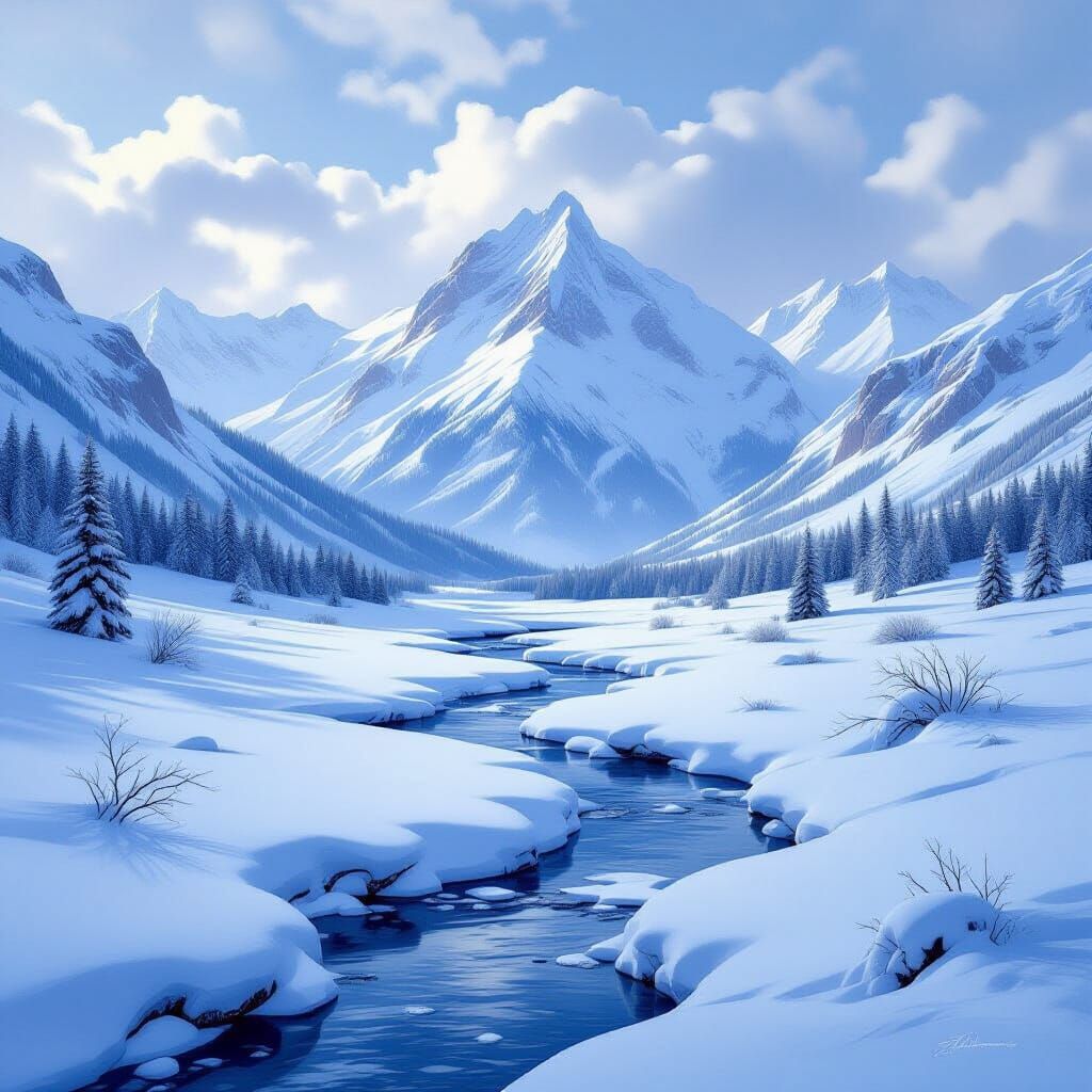 Majestic Snow-Covered Mountains Under Winter Sky