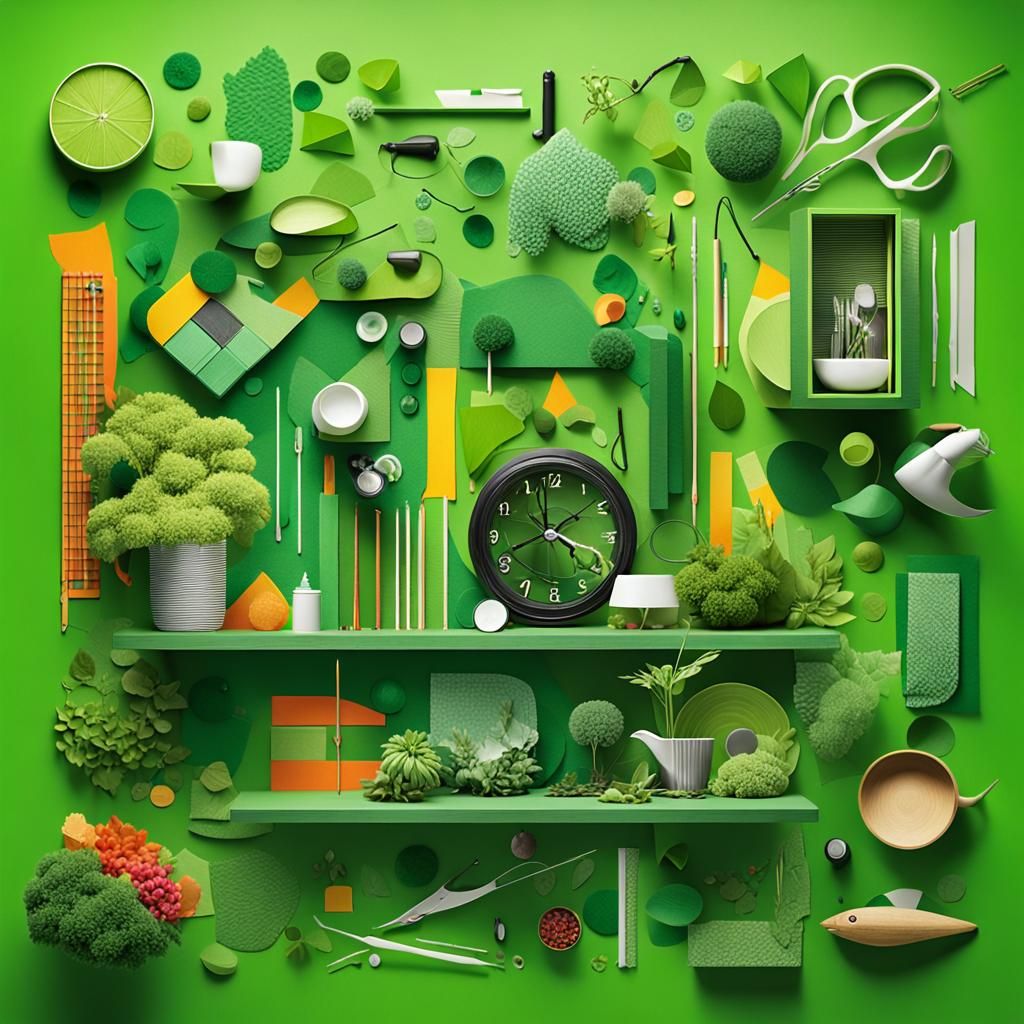 Ultra-Realistic Assemblage Design with Vivid Green Backdrop
