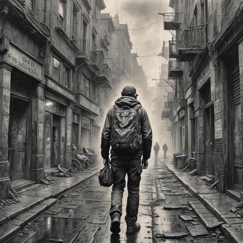 Explorer in Decaying Cityscape: Hyperdetailed Charcoal Drawi...