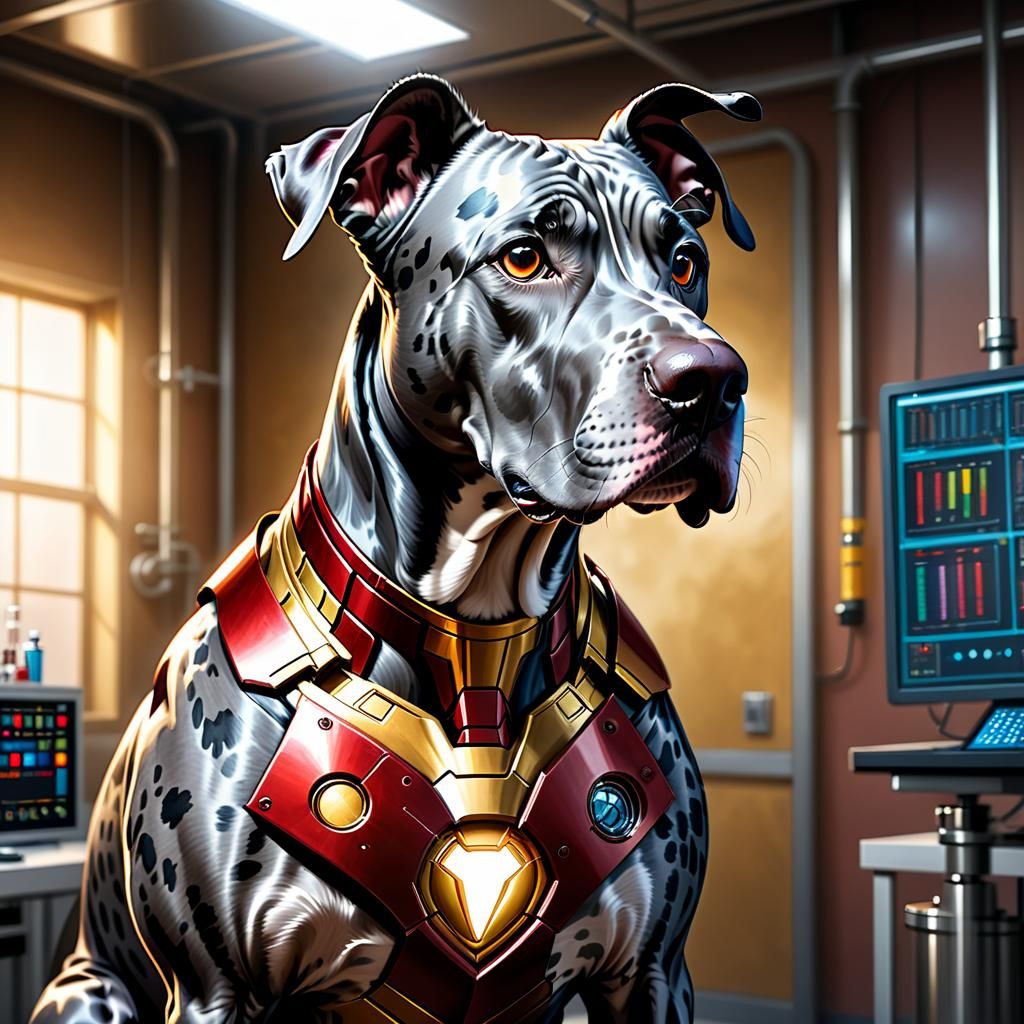 Great Dane as Iron Man in Laboratory, Hyperrealistic