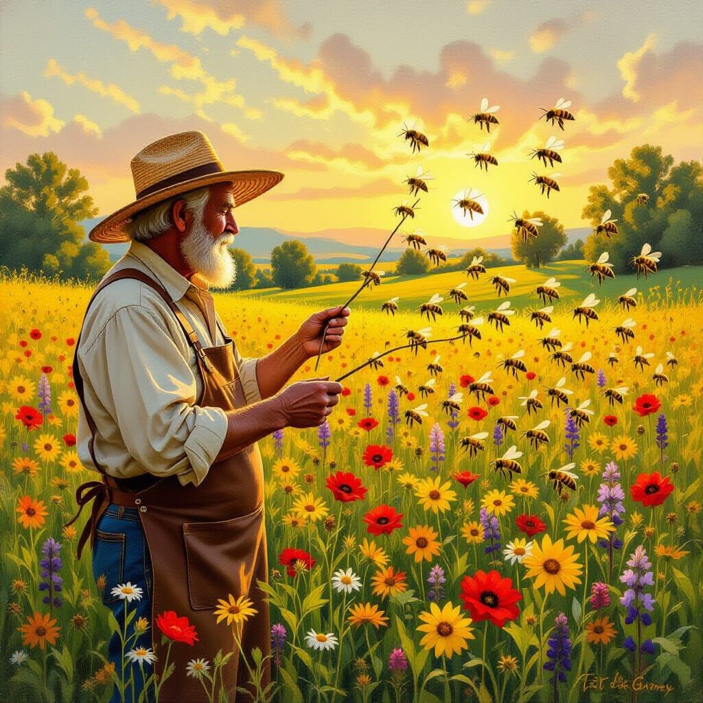 Elderly Beekeeper Conducts Harmonious Bee Choir in Golden Li...