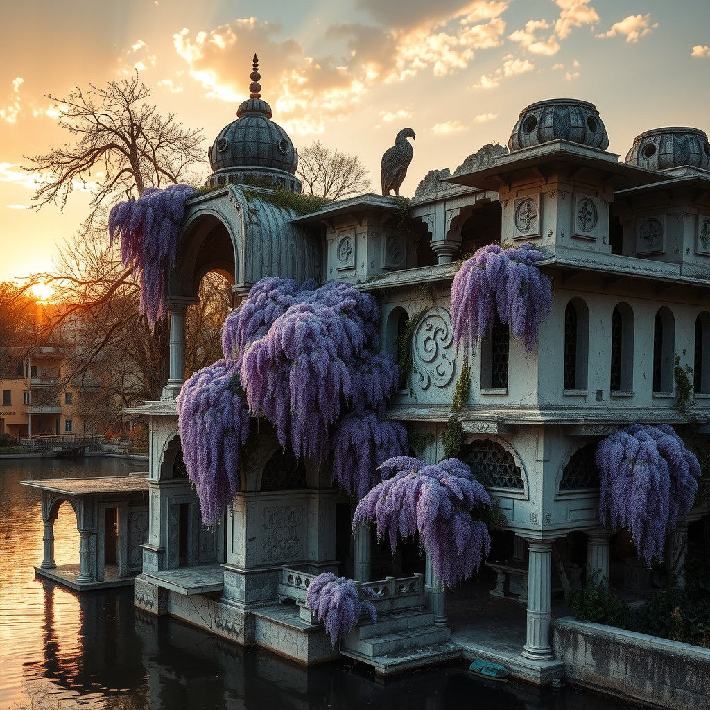 Wisteria-Covered Brutalist Temple Ruins at Sunset
