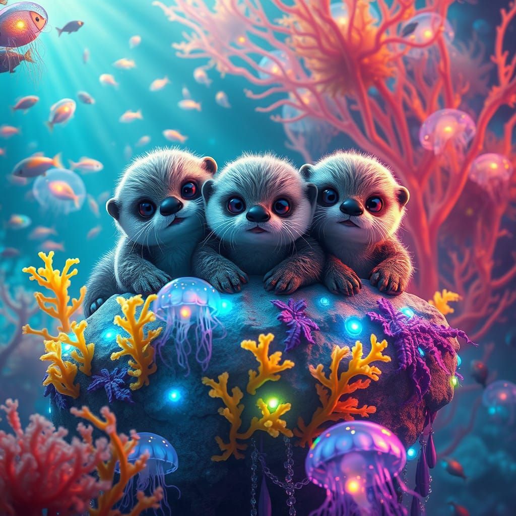Whimsical Sea Otters in an Underwater Realm
