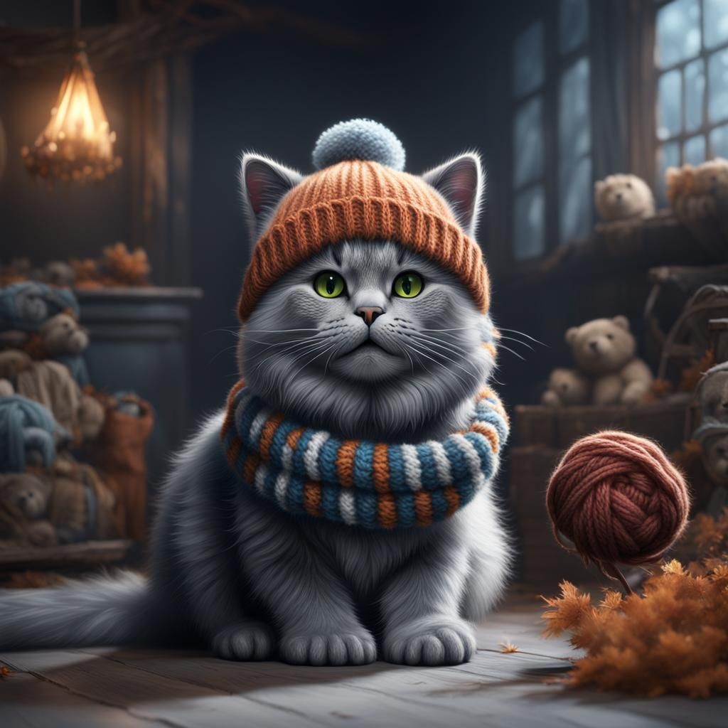 Fluffy Grey Cat with Knitted Bear Hat