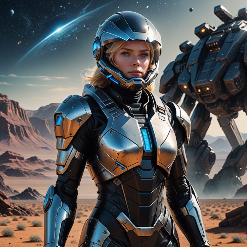 Space Ranger Heroic Stand in Alien Landscape