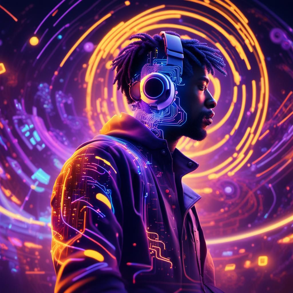 Musician in Cyberpunk Style Playing Synth in Vortex