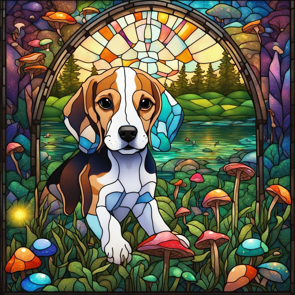 Stained Glass Beagle Puppy in Astral Meadow