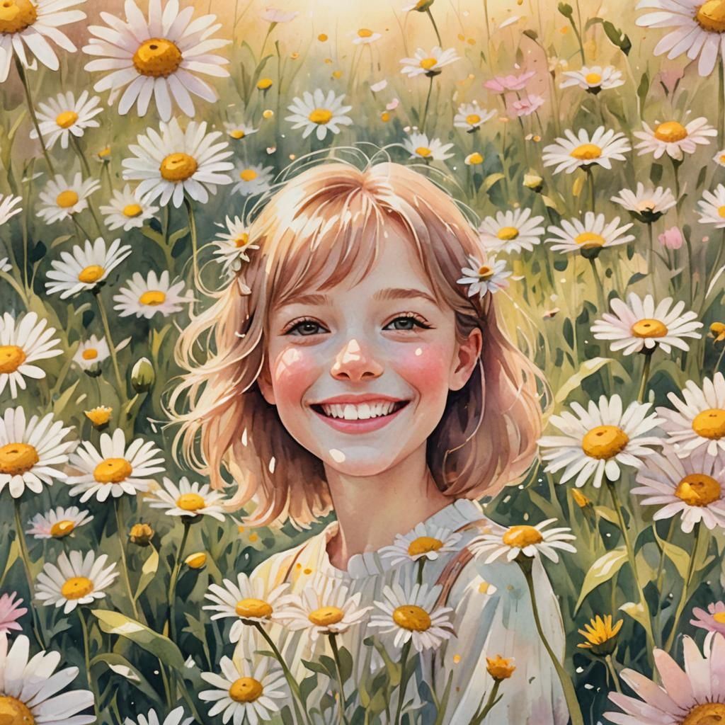Smiling Daisy with Human Features in Watercolor Style