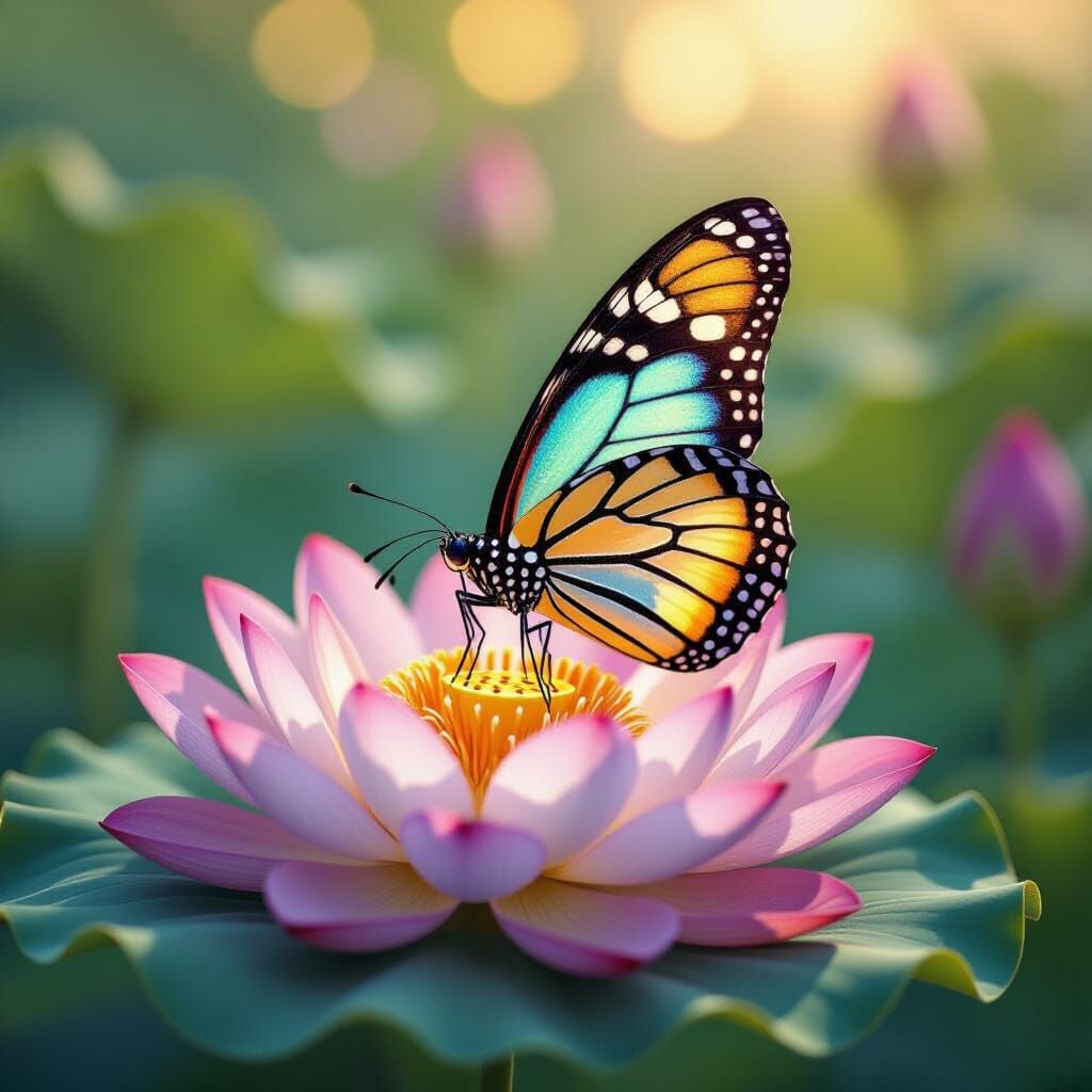 Iridescent Butterfly on Lotus Flower in Realistic Style