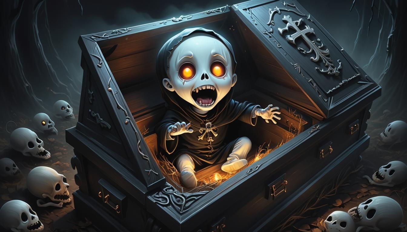Cute Chibi Ghost Emerges from Coffin: Digital Painting
