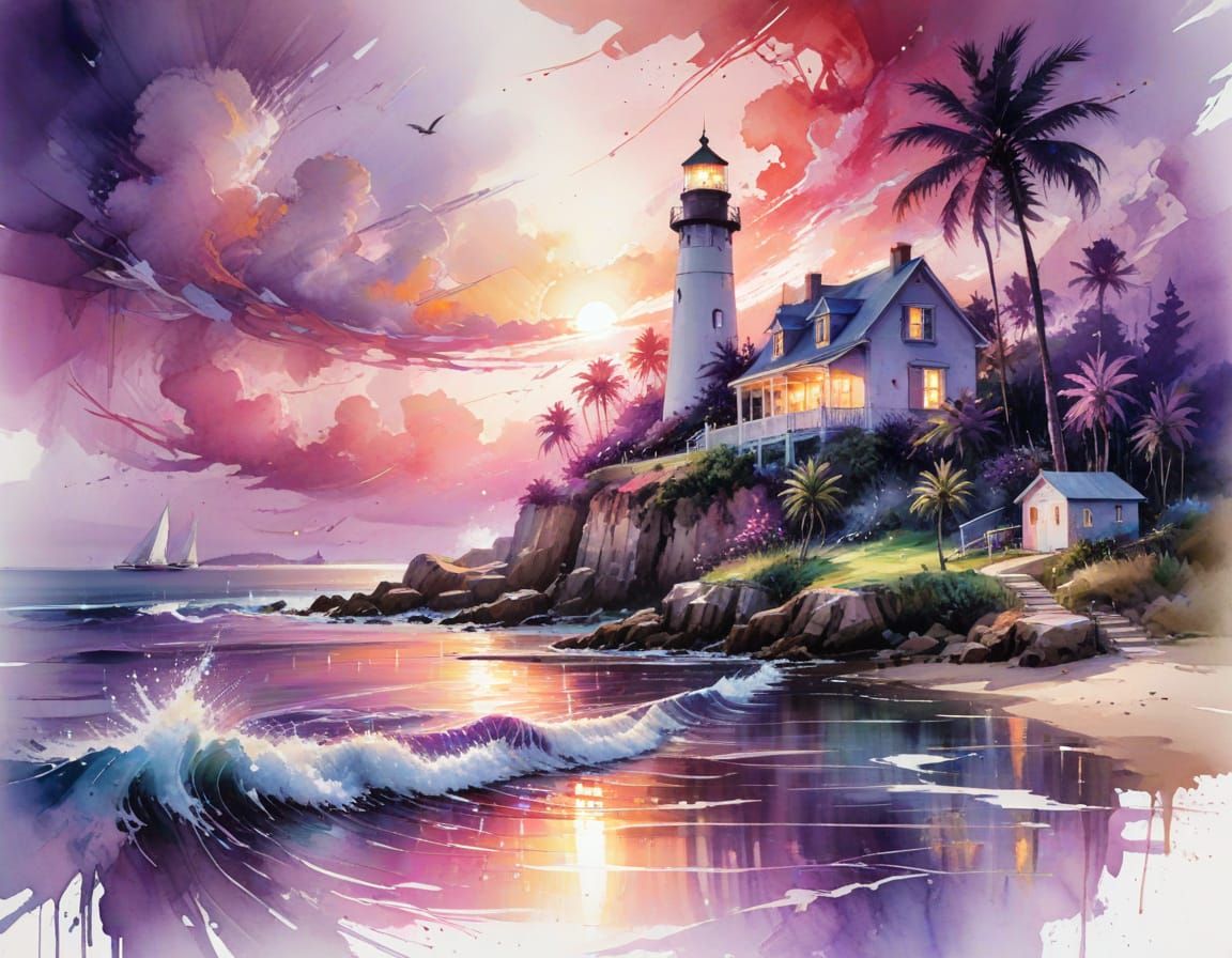 Coastal Village Summer Landscape in Watercolour Style