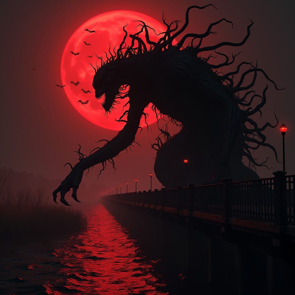 Ethereal Horror in Dark Red Moonlight