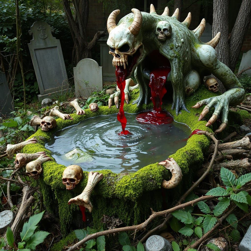 Gothic Monster Fountain in Overgrown Graveyard