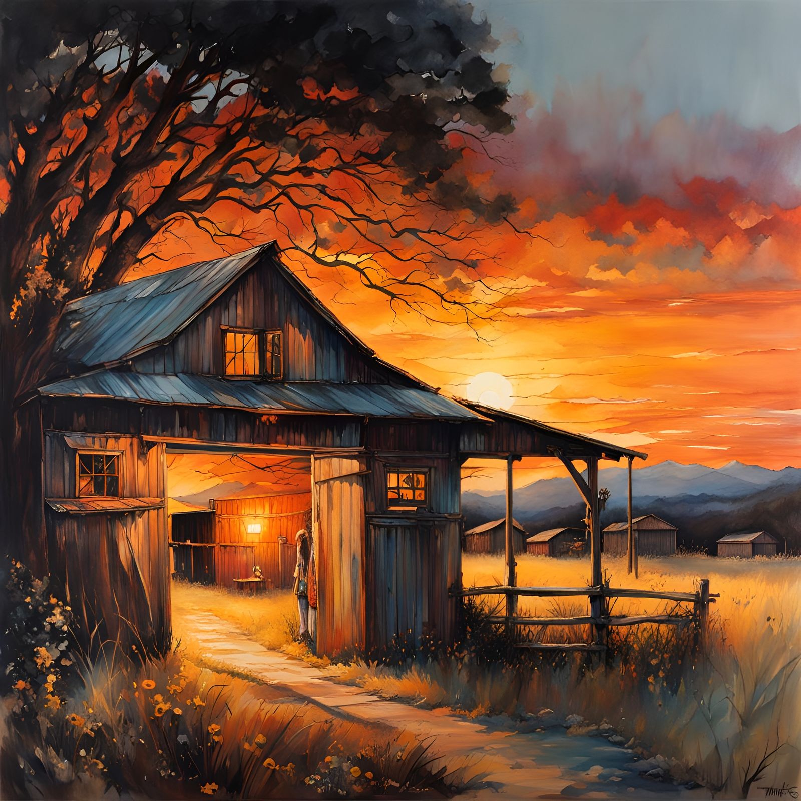 Film Noir Barn at Sunset in Watercolor Style