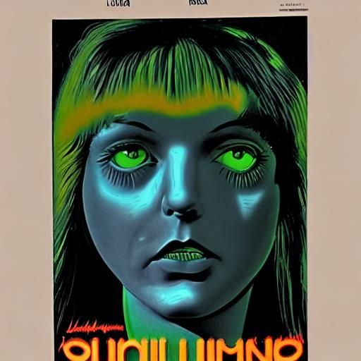 Bioluminescence; Retro 1970s Italian horror movie poster; lurid; psychedelic; giallo