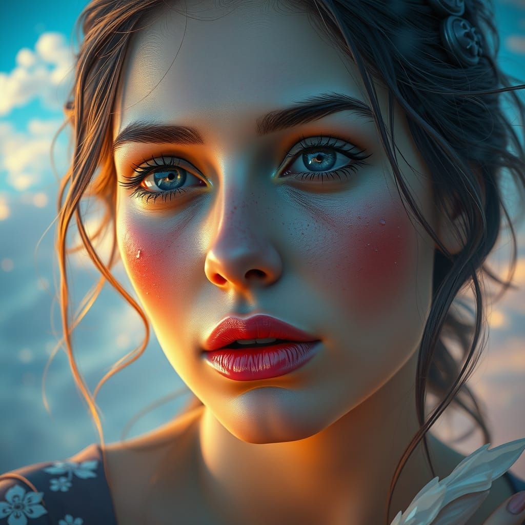 Ethereal Woman with Flushed Cheeks in Dreamy Landscape