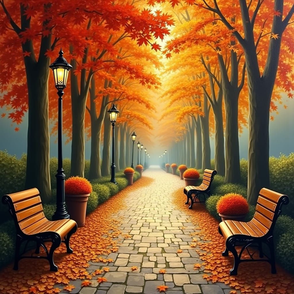 Autumnal Pathway with Towering Trees in Golden Light