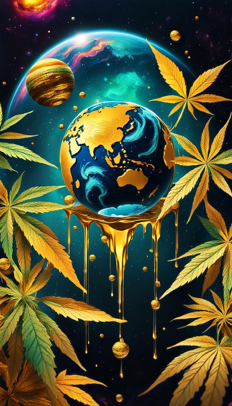 Marijuana Planet Dripping Gold in Vibrant Space