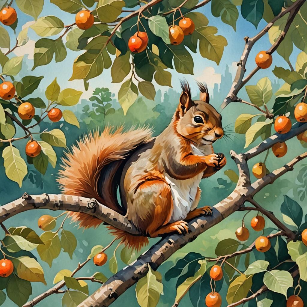 Squirrel Nap on Nut Tree Branch in Gouache Style