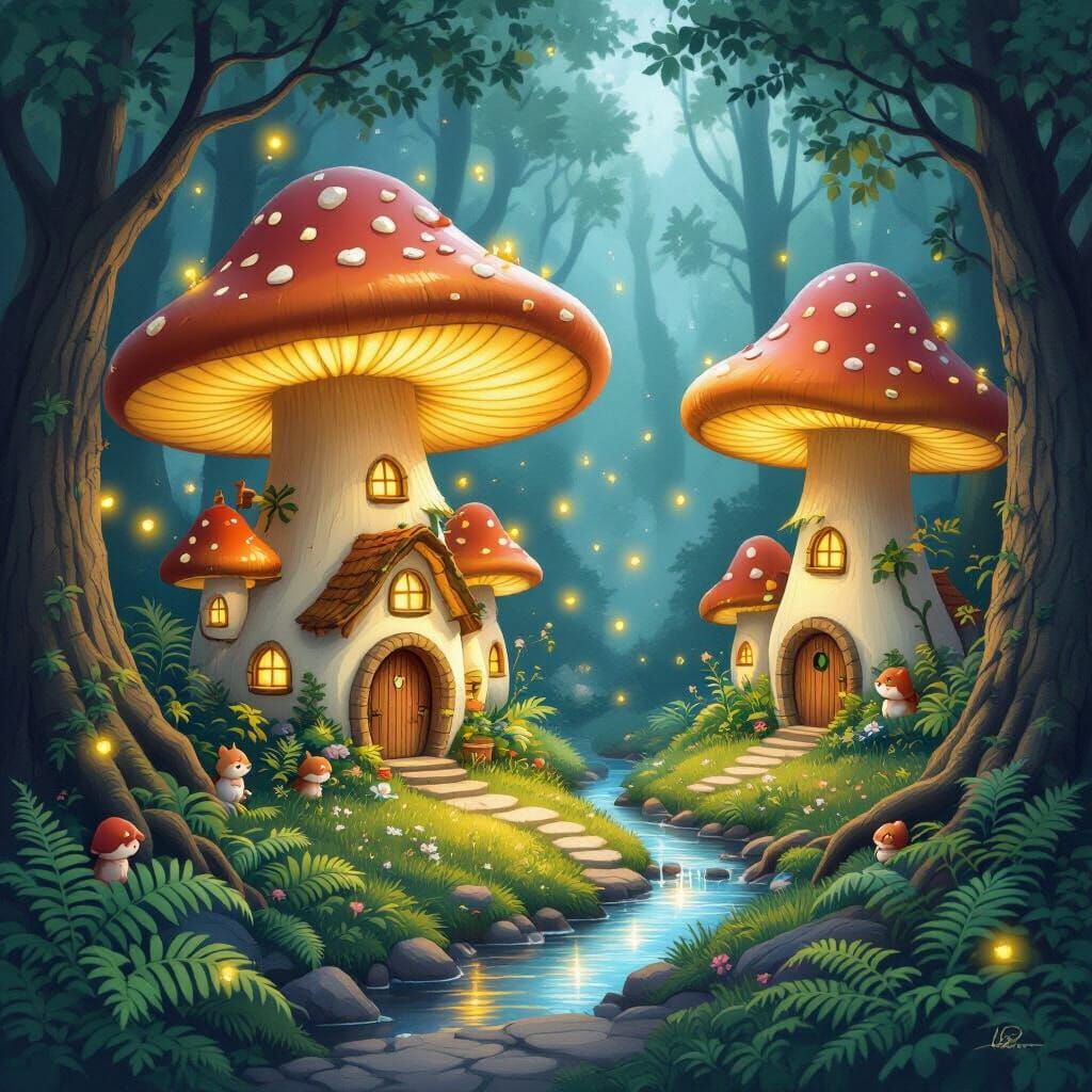 Enchanted Mushroom Village Illustration