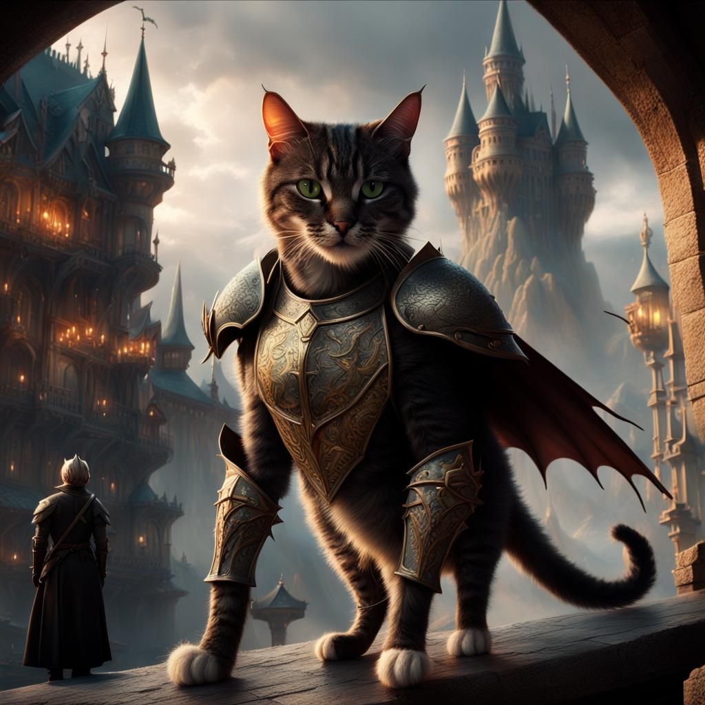 CAT KNIGHT AND DRAGON Epic cinematic brilliant stunning intricate meticulously detailed dramatic atmospheric maximalist ...